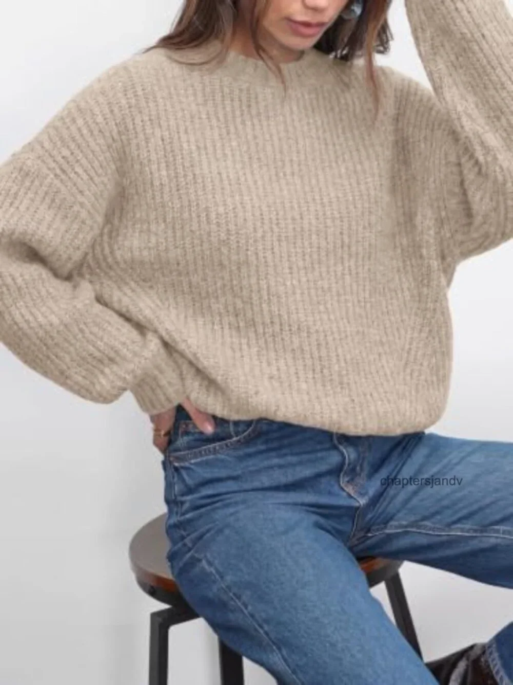 Womens Long Sleeve Chunky Knit Oversized Crew Neck Pullover Sweater